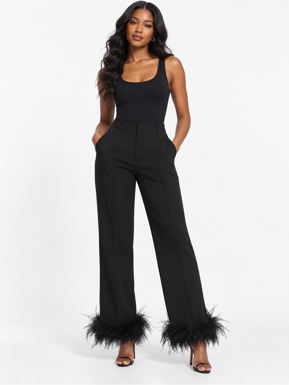 Black Feather-Hem Women’s Pants (removable feathers)- SIZE XS